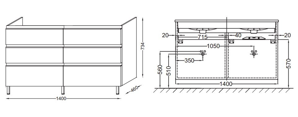 VOX - Мебель для раковины 140 см (6 ящиков)